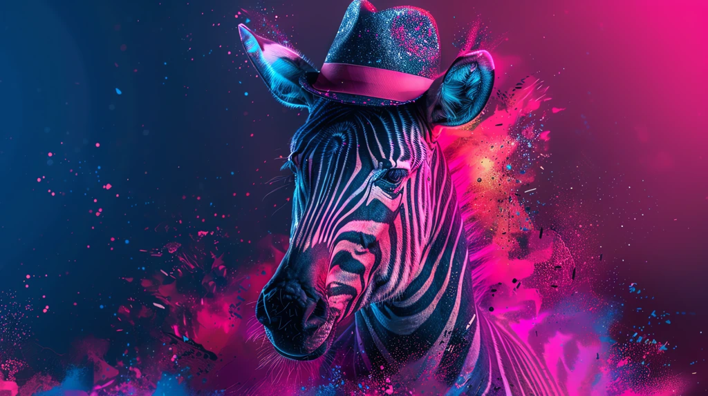 zebra with hat neon splashes desktop wallpaper 4k
